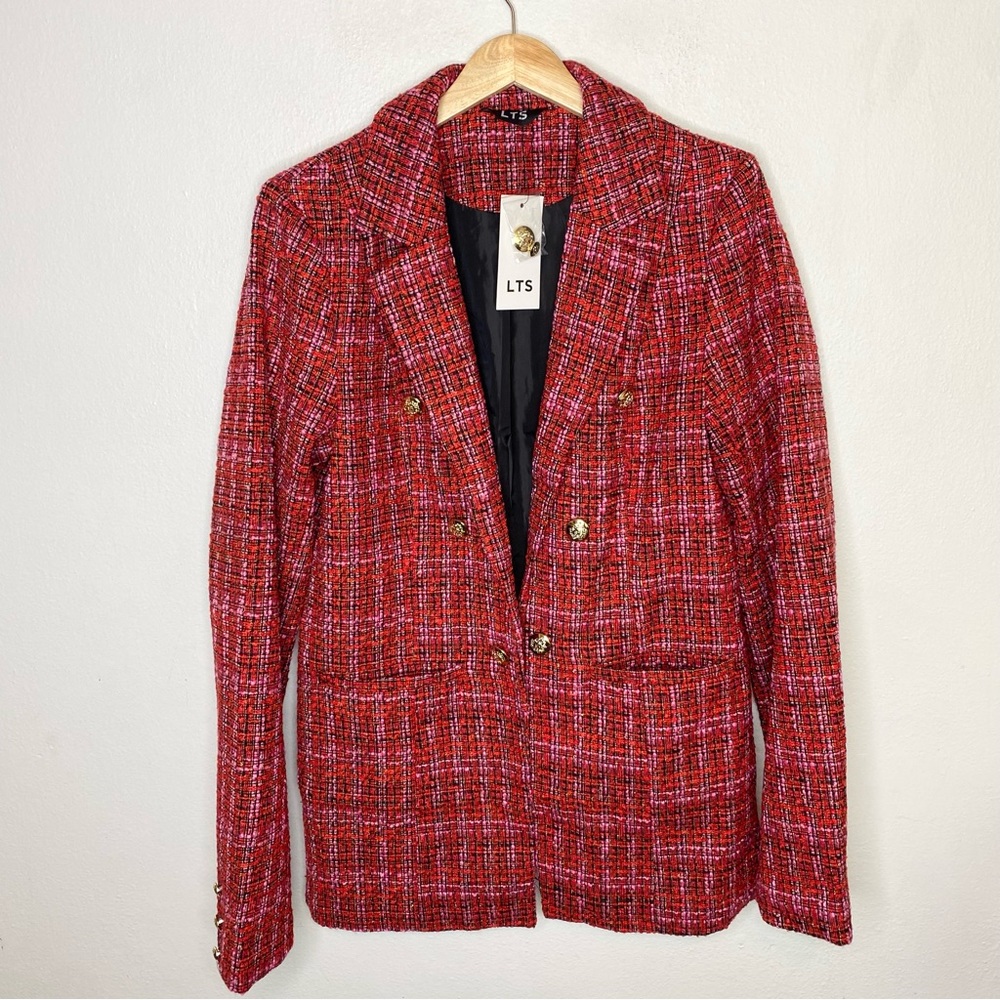 Tall NWT LTS Long Tall Sally Red and Pink Check Blazer with Gold Buttons
